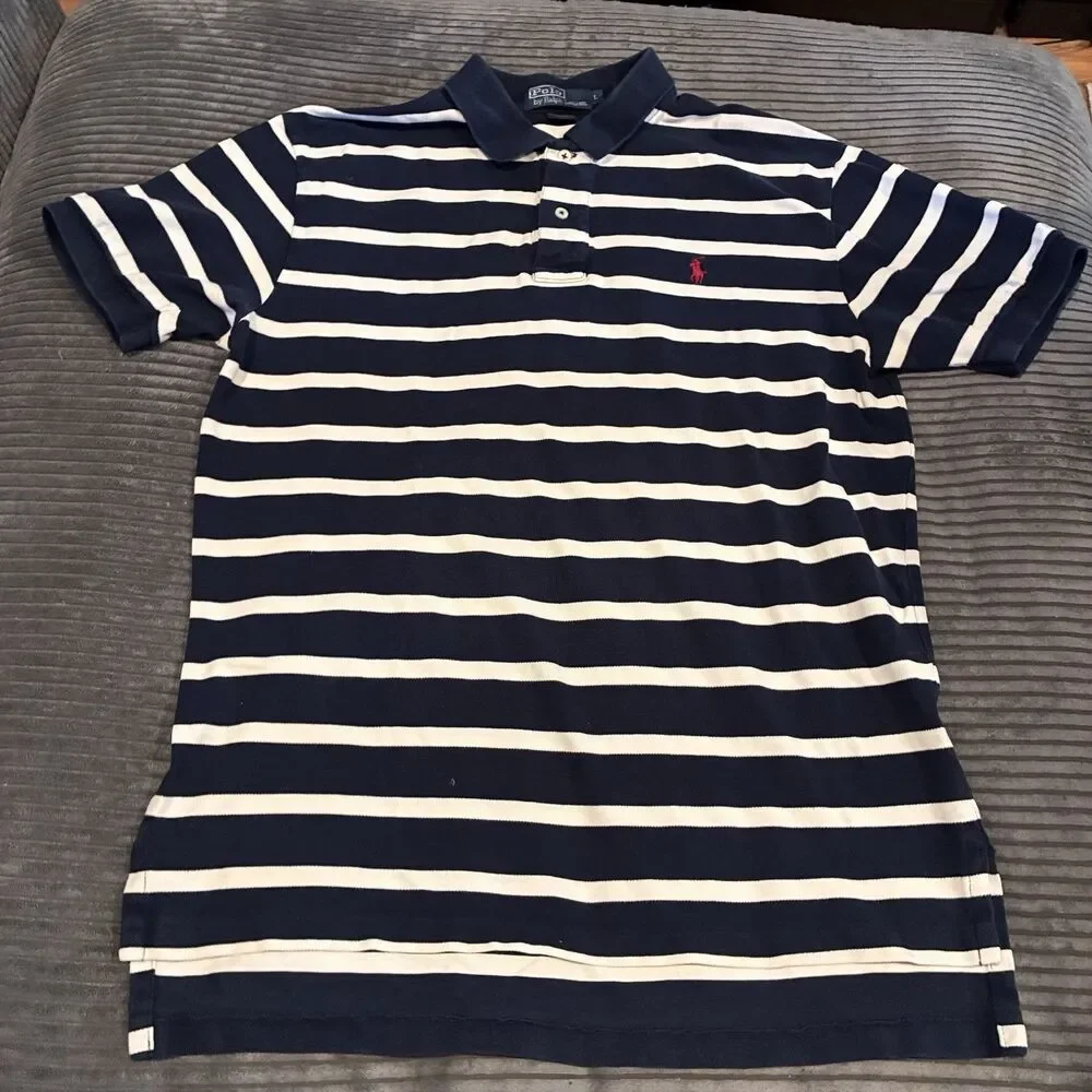 Vintage Polo Ralph Lauren Navy Blue Stripe Short Sleeve Polo Mens Size Large